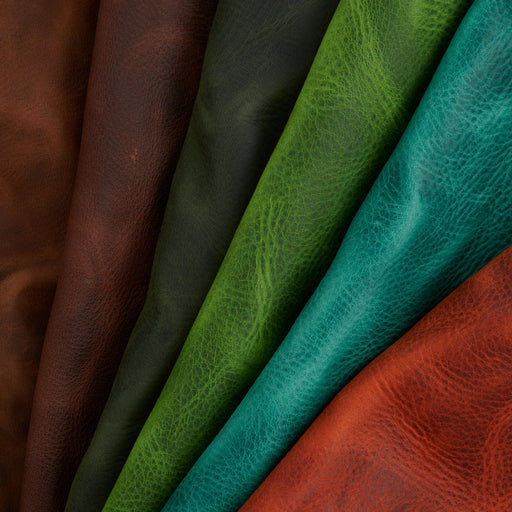 Oil-Tan leather in brown, green, blue and orange